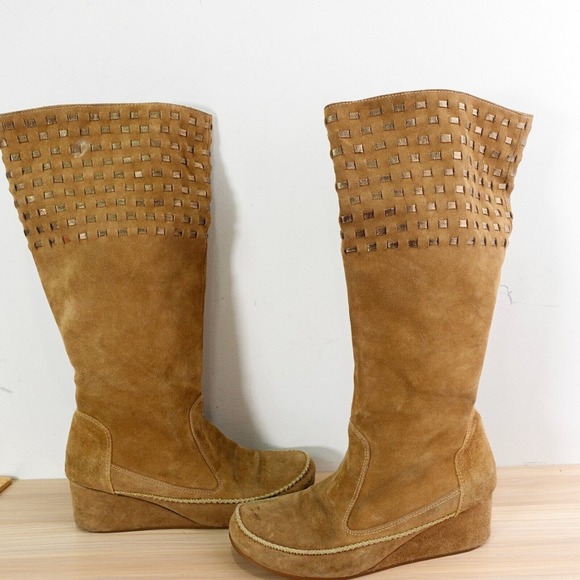 Southwestern Knee High Platform Boots Women 8.5 Camel Wedge Boho Tall‎ CHOCOLAT - Picture 1 of 16